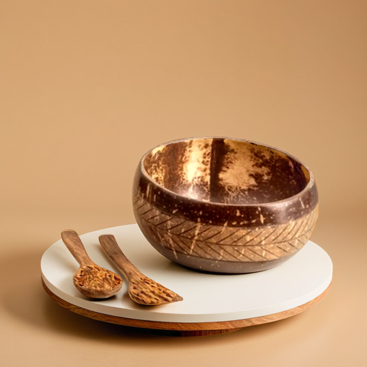 750-900 ml Ring Carved Coconut Bowl with Spoon and Fork