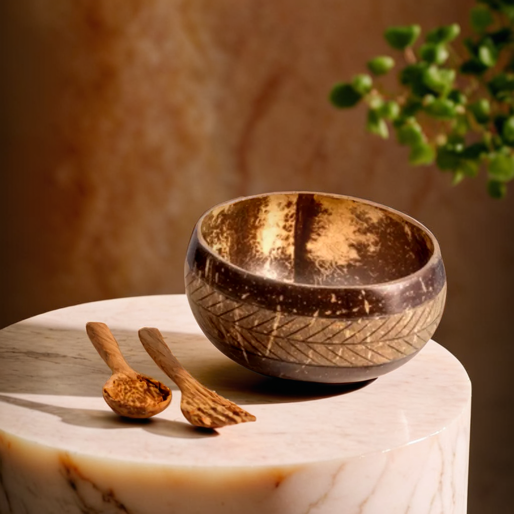 750-900 ml Ring Carved Coconut Bowl with Spoon and Fork