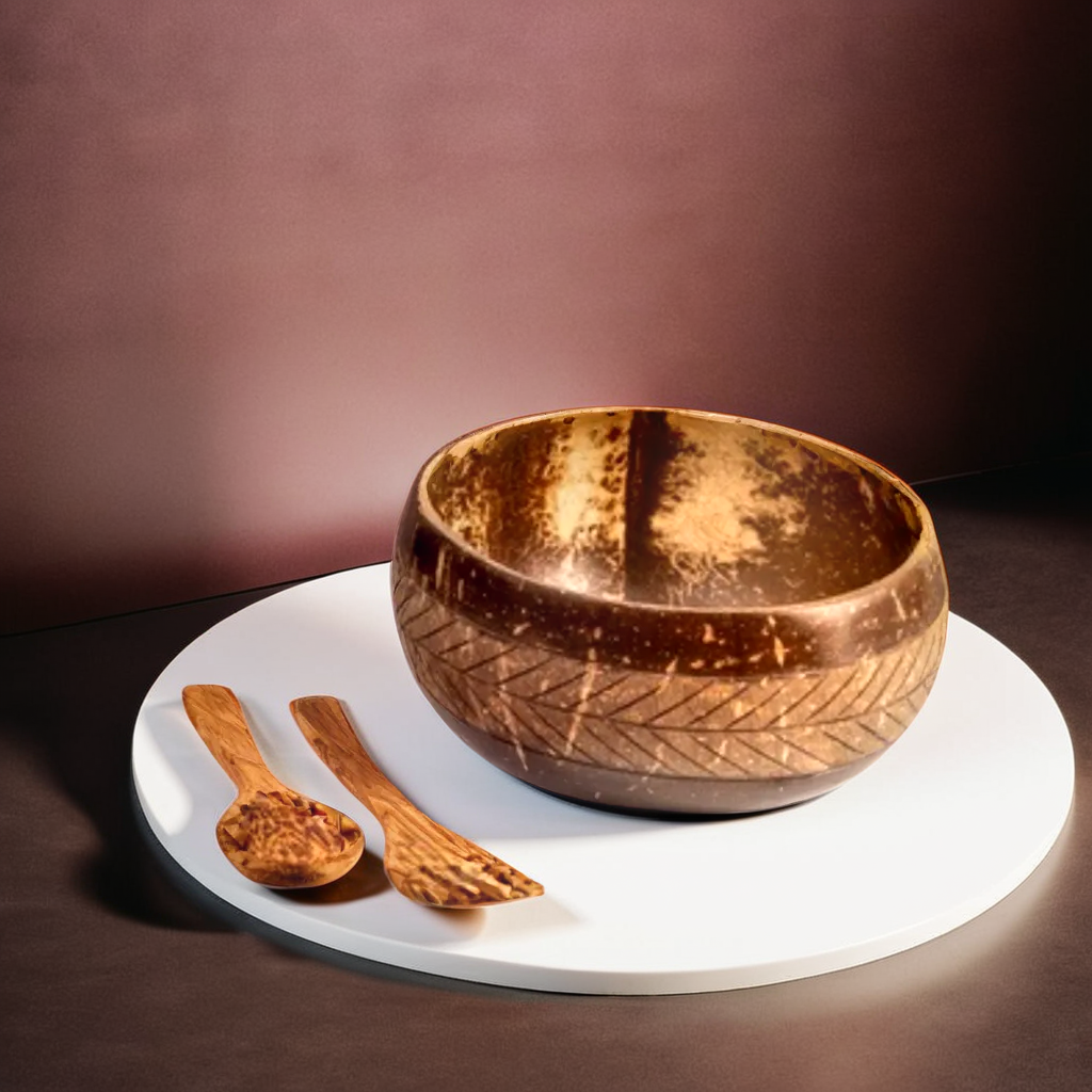 750-900 ml Ring Carved Coconut Bowl with Spoon and Fork